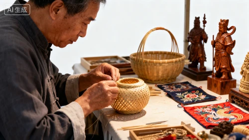 非遗手作摊位，传统工艺品，匠人制作场景，白色背景，侧视拍摄，细节丰富