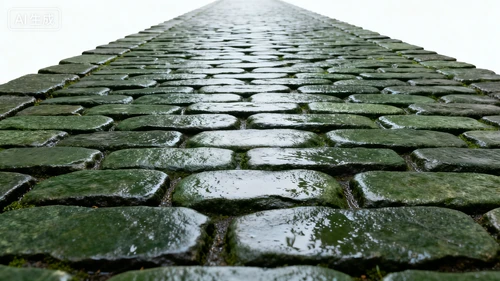 青石板路，凹凸纹理，雨后湿润质感，白色背景，俯视拍摄，延伸感强