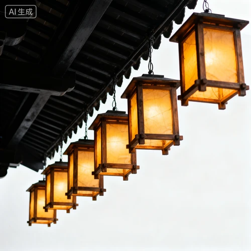 复古灯笼串，暖黄色灯光，悬挂于建筑檐下，白色背景，侧视拍摄，氛围感强