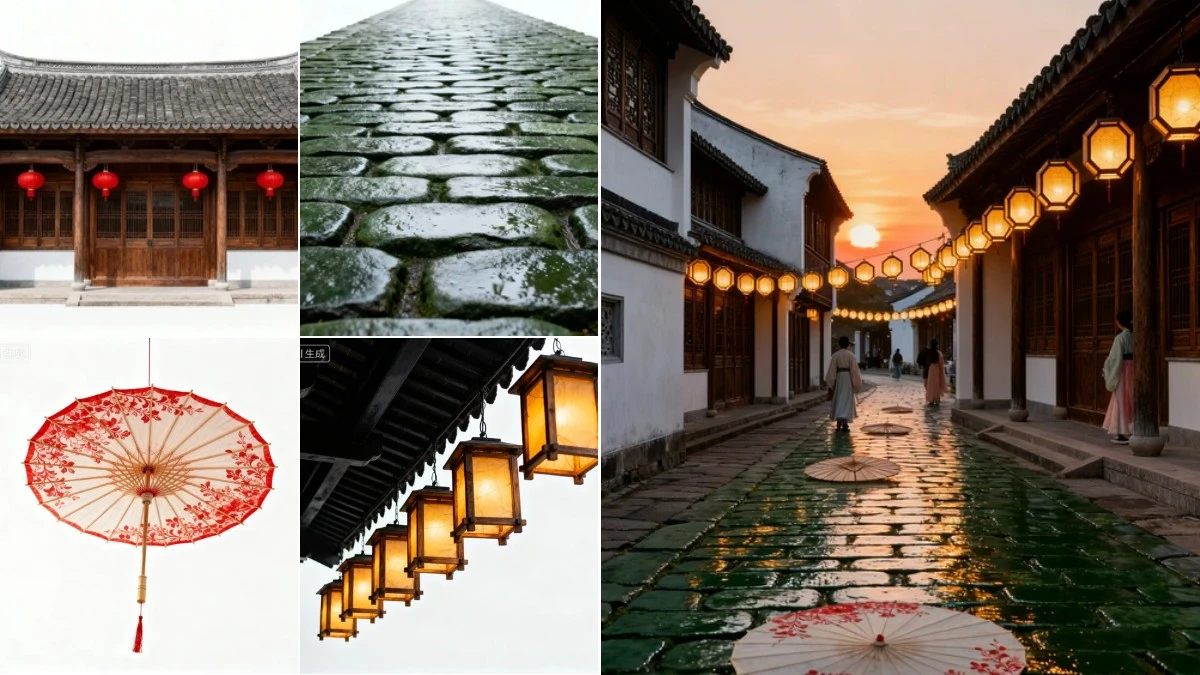 图1：古风文创街区AI合成效果（左侧为拆分素材，右侧为合并成品）