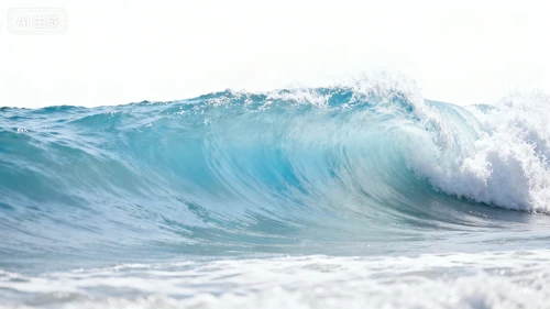 海浪，浅蓝色渐变，白色浪花，白色背景，侧视拍摄，动态感强