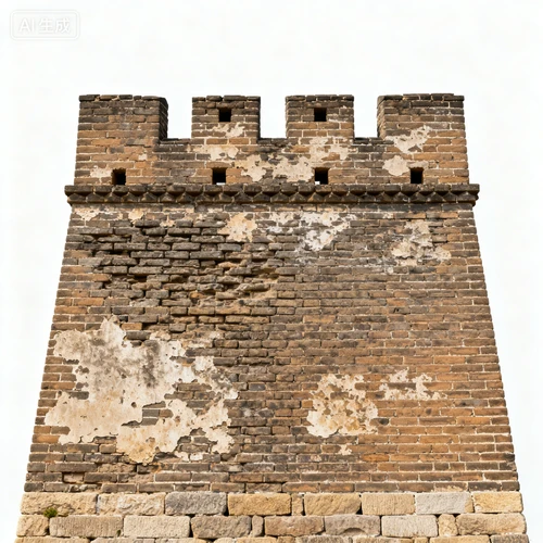 古城墙，砖石结构，斑驳质感，城垛完整，白色背景，正视拍摄，历史厚重感