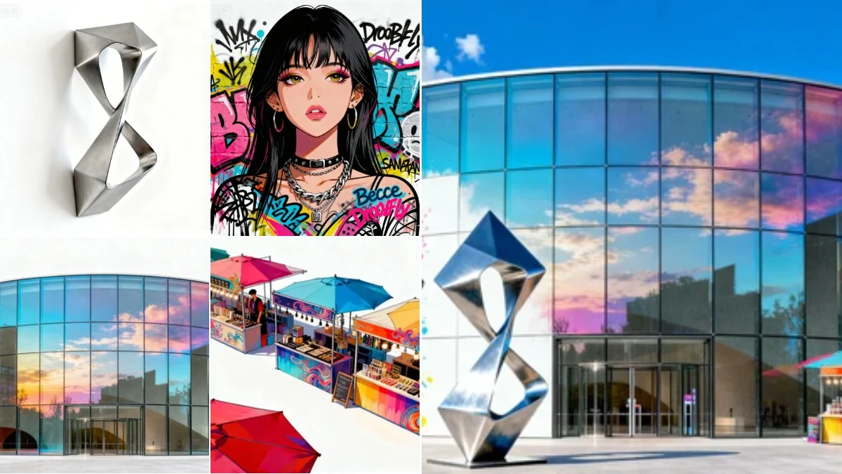 图2：现代艺术区AI合成效果（左侧为拆分素材，右侧为合并成品）