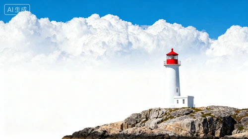白色灯塔，红色塔顶，海边岩石上，白色背景，侧视拍摄，蓝天白云映衬
