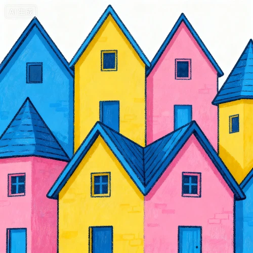 彩色小屋，蓝黄粉墙面，尖顶设计，白色背景，正视拍摄，错落排列