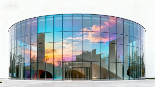 玻璃幕墙艺术中心，通透质感，反射天空色彩，白色背景，正视拍摄，现代感强