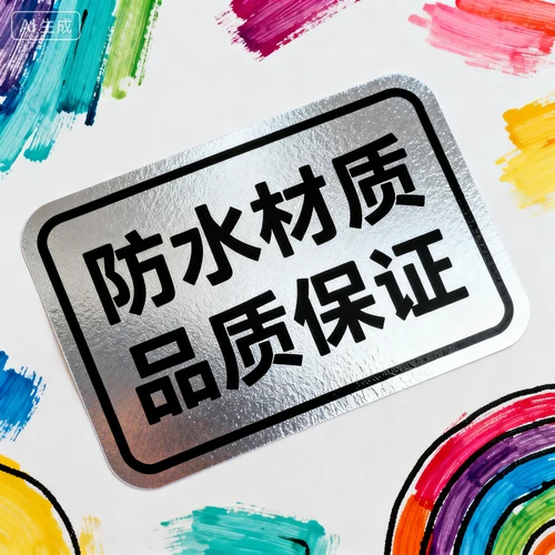 产品信息贴纸，银色渐变底，黑色文字区域，白色背景，俯视拍摄，防水材质