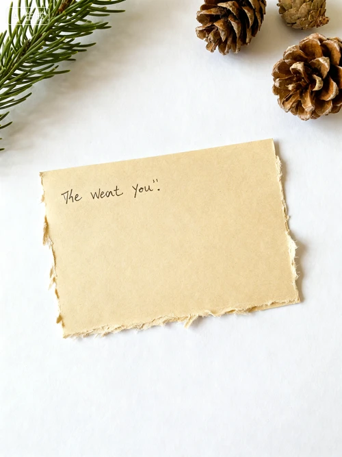 手写风格卡片，米黄色纸张，可写祝福语区域，白色背景，俯视拍摄，边缘毛边处理