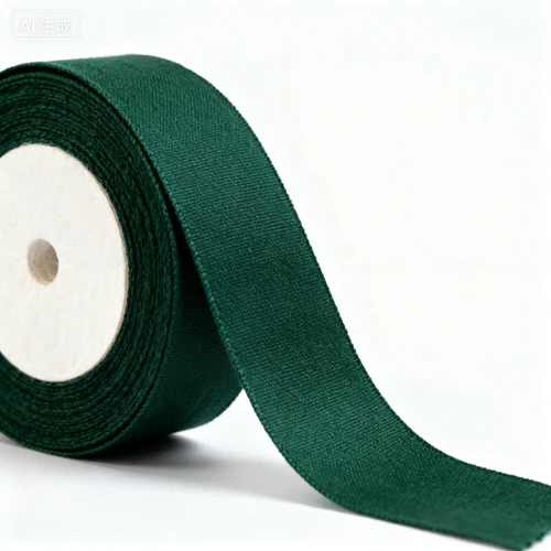 棉麻丝带，深绿色，哑光质感，可打蝴蝶结，白色背景，侧视拍摄，宽度3cm
