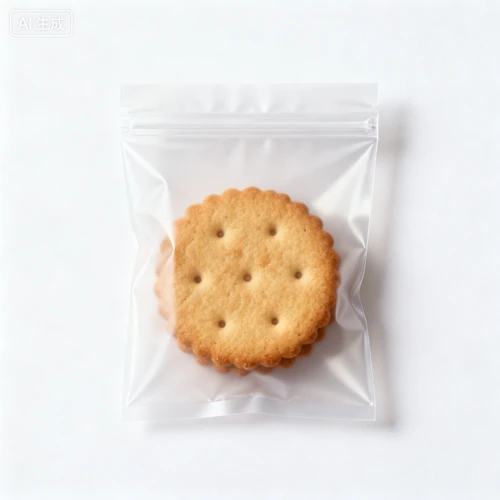 透明塑料包装袋，哑光质感，顶部封口设计，白色背景，正视拍摄，可容纳饼干
