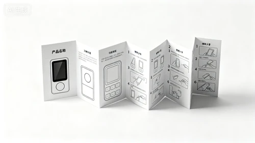 折叠式说明书，黑白印刷，图文结合，白色背景，侧视拍摄，页数8页