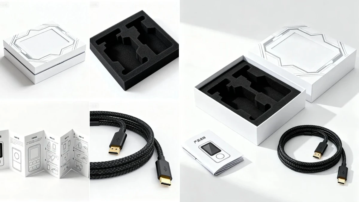 图3：电子产品包装AI合成效果（左侧为拆分素材，右侧为合并成品）