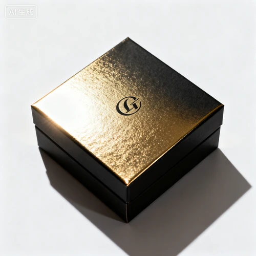 烫金包装盒，方形，黑色底色，可留logo位置，白色背景，正视拍摄，光泽感强