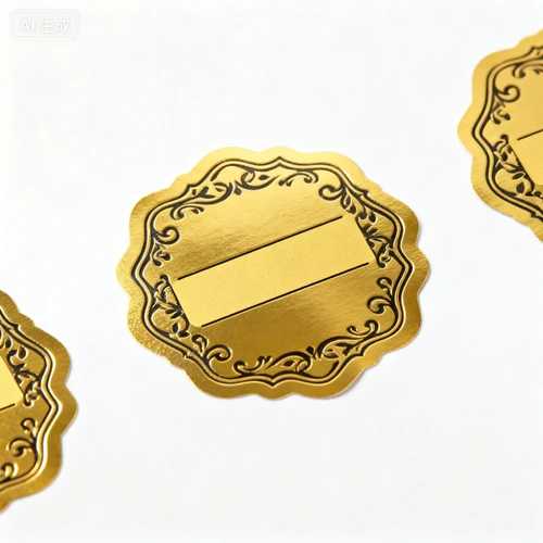 金色封口贴，简约花纹，可定制文字区域，白色背景，正视拍摄，光泽感强