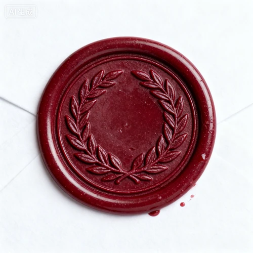 复古火漆印，深红色，圆形，可定制图案，白色背景，正视拍摄，蜡质质感