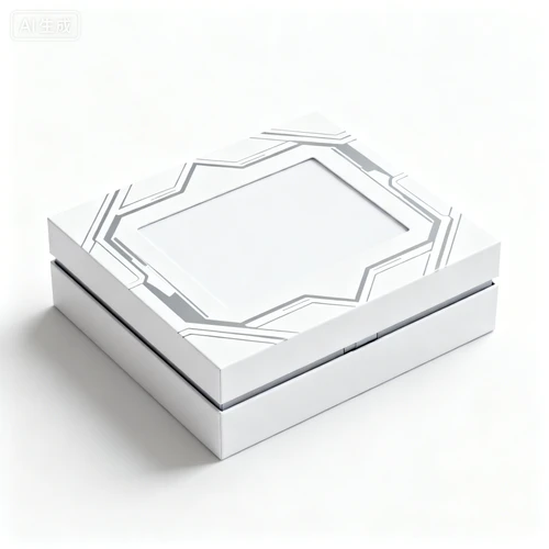 天地盖包装盒，白色底色，灰色线条装饰，可印产品图位置，白色背景，正视拍摄，简约科技风