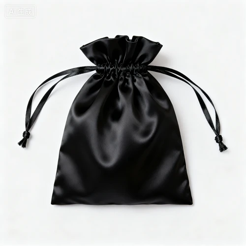 丝绸收纳袋，黑色，抽绳设计，可印logo，白色背景，平铺拍摄，质感柔软