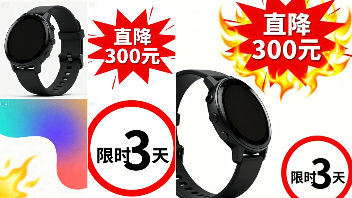 图3：促销风智能手表海报AI合成效果（左侧为拆分素材，右侧为合并成品）