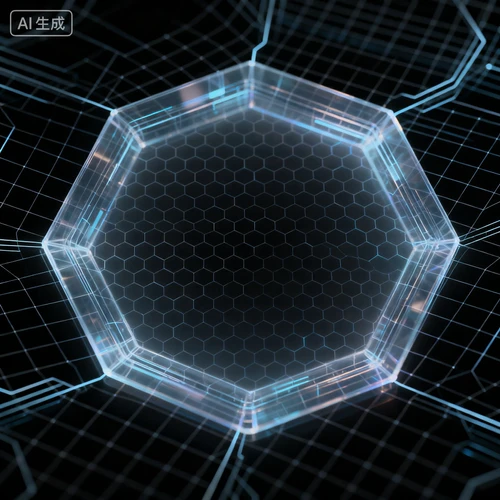 科技感网格背景，六边形结构，半透明，黑色背景，线条细腻