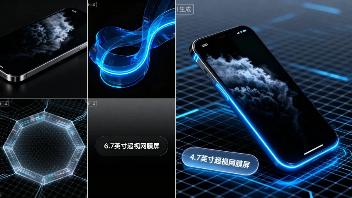 图1：科技感手机海报AI合成效果（左侧为拆分素材，右侧为合并成品）