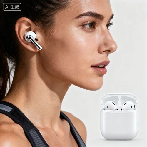 白色无线耳机，半入耳式，充电盒，运动场景，侧视佩戴角度，细节清晰