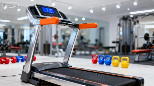 健身房背景，跑步机、哑铃等元素，浅景深，聚焦前景