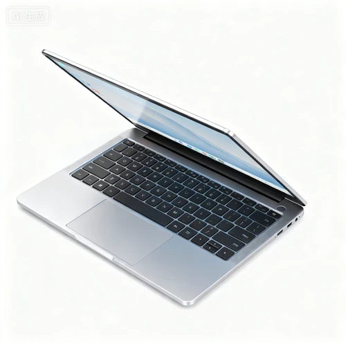 银色轻薄笔记本电脑，开盖状态，屏幕显示简约桌面，白色背景，俯视角拍摄，金属质感明显