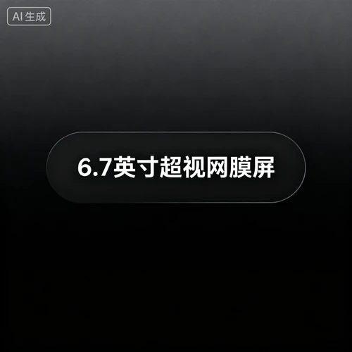 产品卖点标签，白色文字“6.7英寸超视网膜屏”，黑色渐变背景，圆角矩形，简洁大气