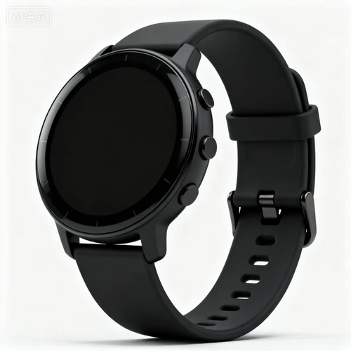 黑色智能手表，圆形表盘，硅胶表带，白色背景，侧视佩戴角度，细节清晰