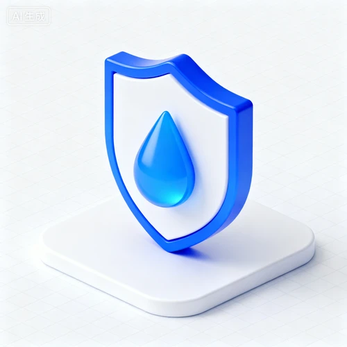 防水防汗图标，蓝色水滴+盾牌组合，简洁明了，突出产品功能