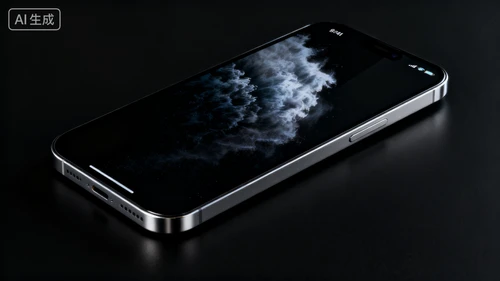 黑色智能手机，全面屏，银色边框，黑色背景，45度角拍摄，屏幕亮屏显示动态壁纸