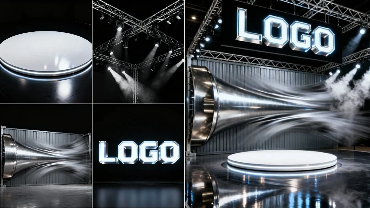 图3：车展特装舞台AI合成效果（左侧为拆分素材，右侧为合并成品）