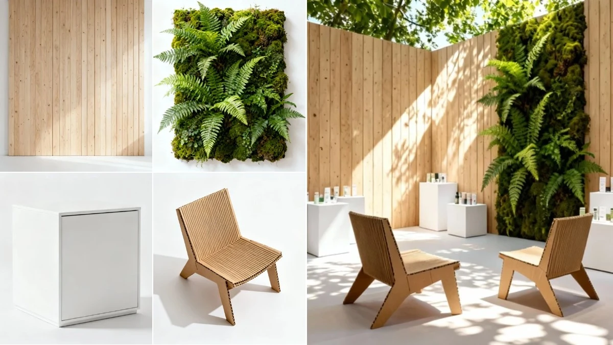 图2：环保简约展位AI合成效果（左侧为拆分素材，右侧为合并成品）