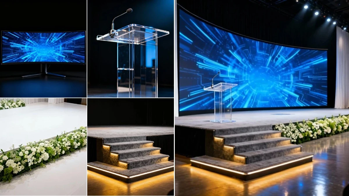 图4：发布会舞台AI合成效果（左侧为拆分素材，右侧为合并成品）