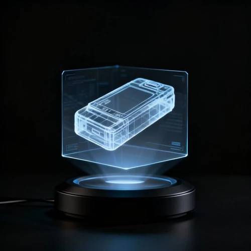 悬浮式全息投影装置，展示3D产品模型，半透明光效，黑色背景，正视拍摄