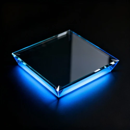 发光地台，强化玻璃材质，底部透出蓝色光芒，边缘锐利，黑色背景，俯视拍摄