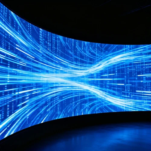 巨大的蓝色曲面LED屏幕，显示数据流图案，发光效果，黑色背景，正视拍摄，科技感强