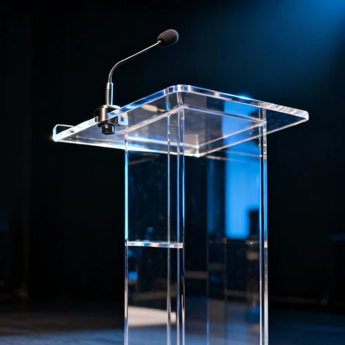 现代简约演讲台，透明亚克力材质，带有麦克风，深色背景，侧视拍摄