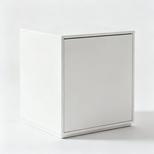 白色简约展示柜，立方体造型，哑光表面，白色背景，侧视拍摄，线条干净