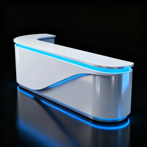 白色流线型接待台，内置蓝色灯带，表面光滑材质，黑色背景，侧视拍摄，未来主义风格