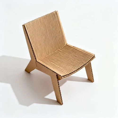 瓦楞纸板制作的休闲椅，环保材质，创意造型，白色背景，俯视拍摄，质感真实