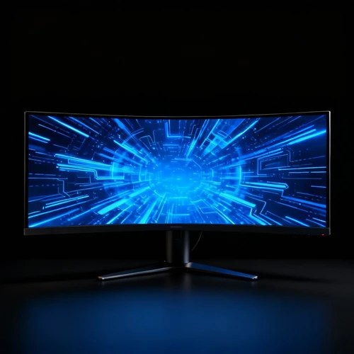 超宽LED主屏幕，显示抽象蓝色科技背景图，高清画质，黑色背景，正视拍摄