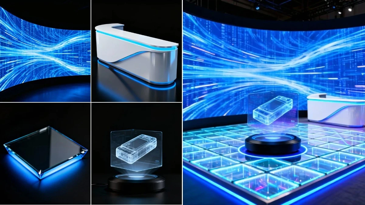 图1：科技风展台AI合成效果（左侧为拆分素材，右侧为合并成品）