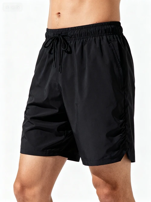 黑色运动短裤，速干面料，抽绳设计，白色背景，侧视拍摄，运动感强