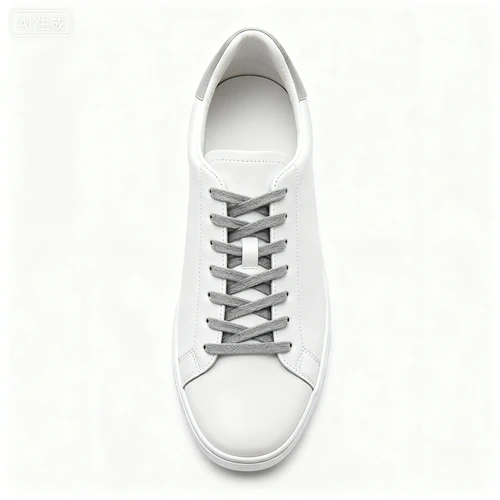 白色运动鞋，灰色鞋带，简约设计，白色背景，正视拍摄，细节清晰