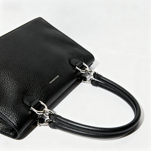 黑色皮质手提包，简约款式，金属配件，白色背景，侧视拍摄，与服装风格统一