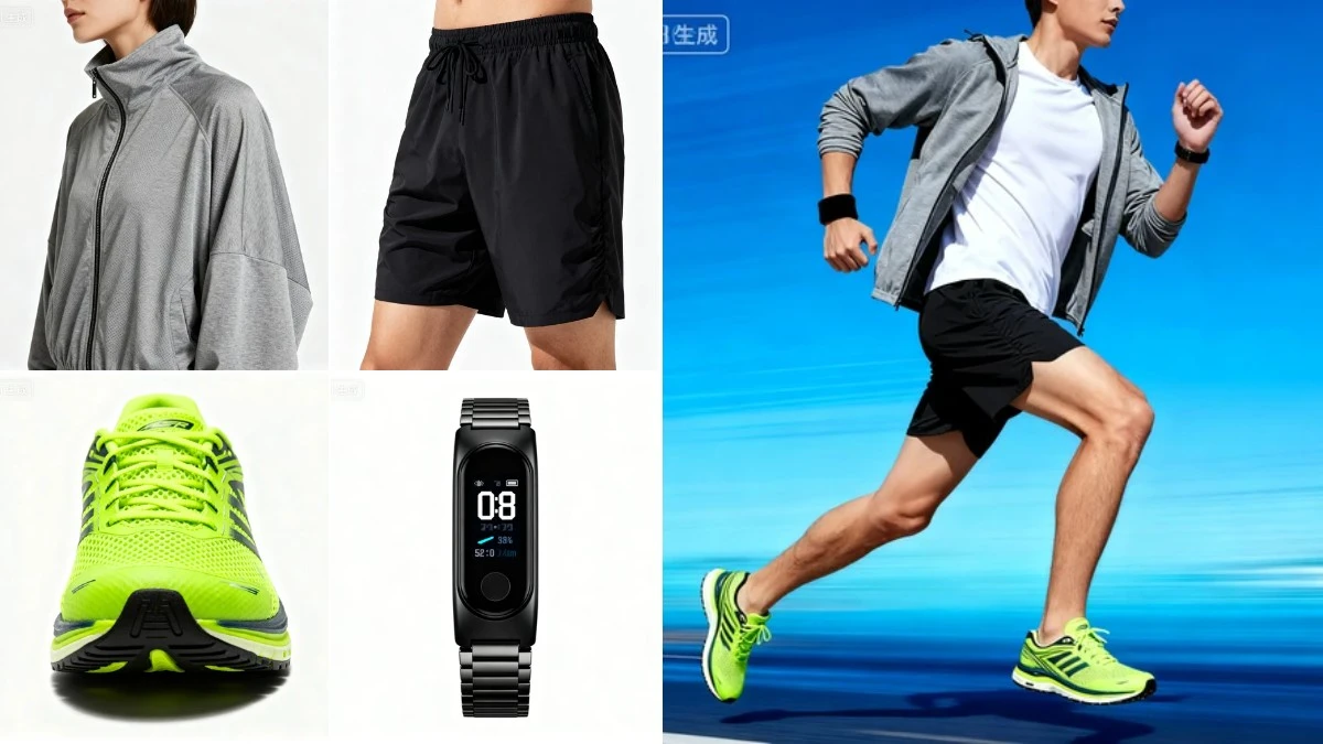 图4：运动风AI模特换衣效果（左侧为拆分素材，右侧为合并成品）