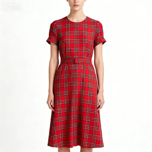 红色格纹连衣裙，收腰设计，长度及膝，白色背景，正视拍摄，花纹清晰
