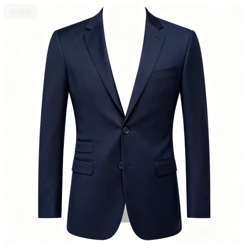 藏青色西装外套，修身剪裁，单排扣，白色背景，正视拍摄，质感挺括