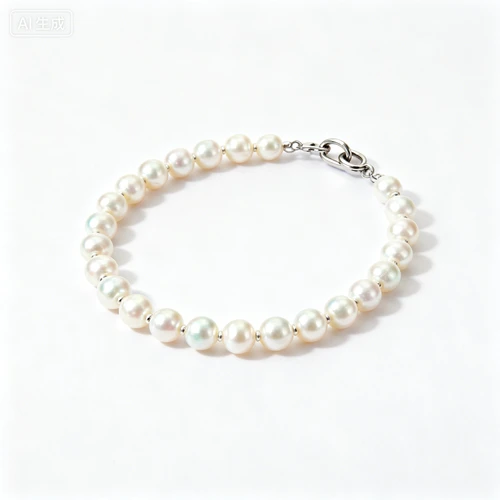 珍珠项链，短款设计，金属搭扣，白色背景，侧视拍摄，光泽自然